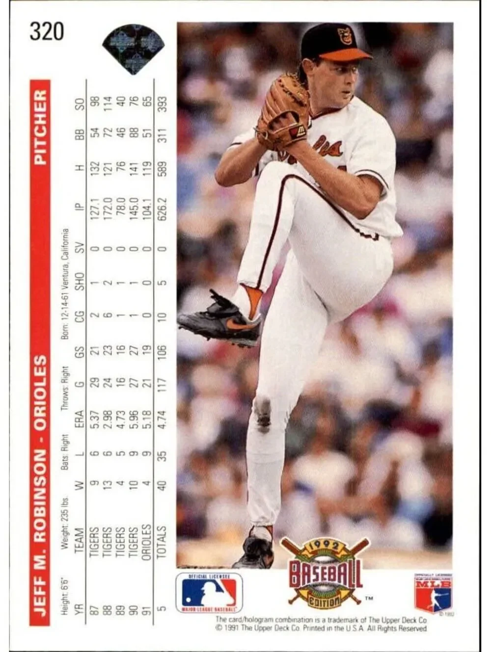 Jeff M. Robinson 1992 Upper Deck MLB #320 Baseball Card Baltimore Orioles